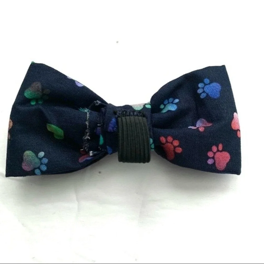 Handmade 1 Dog Bow for Collar Navy w/ Paw Print & Heart Polka Dots 4 x 2 inches
